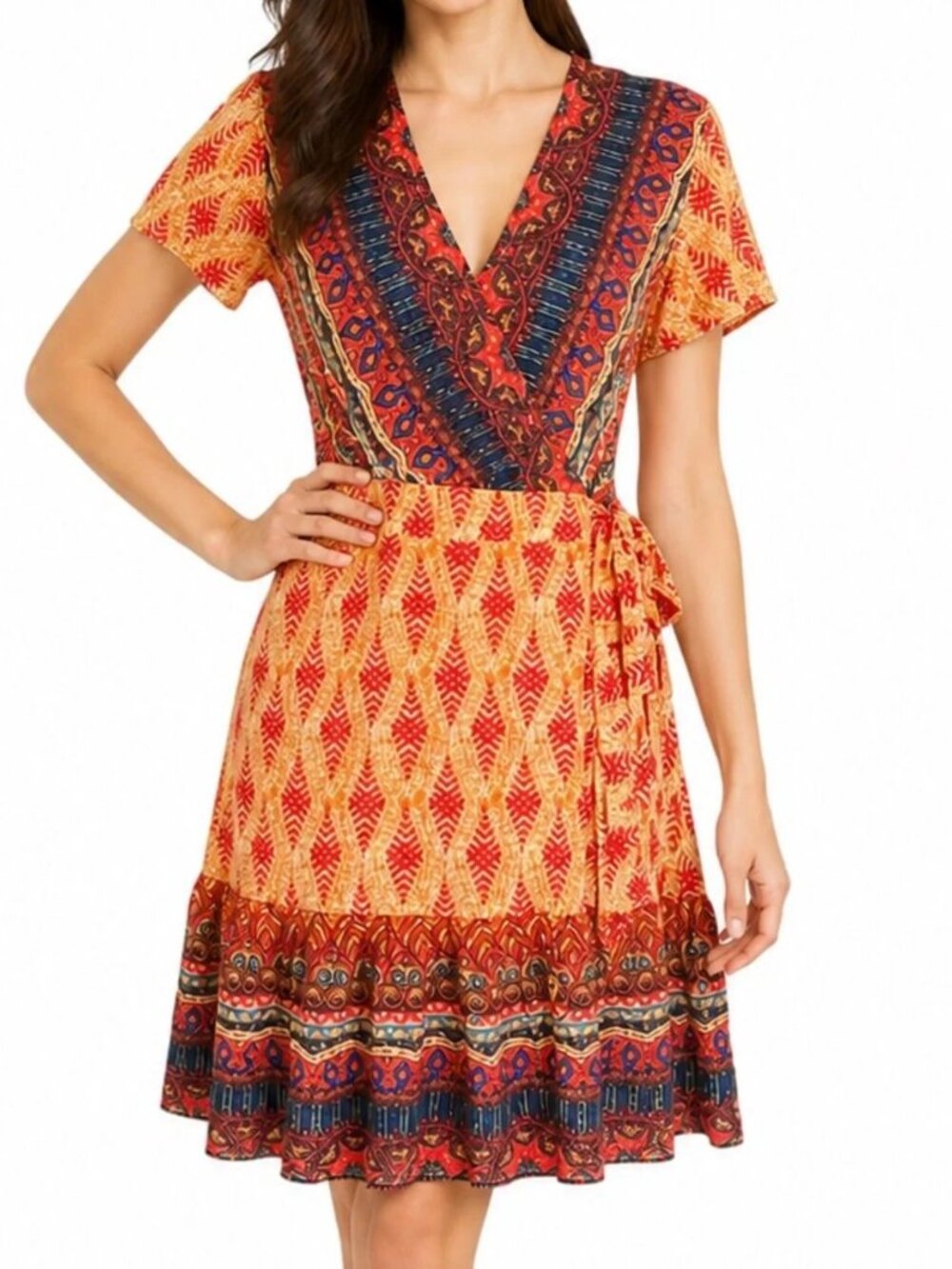 Zesica Women's Orange V-neck Tribal Print Summer Wrap Dress Mini Size S